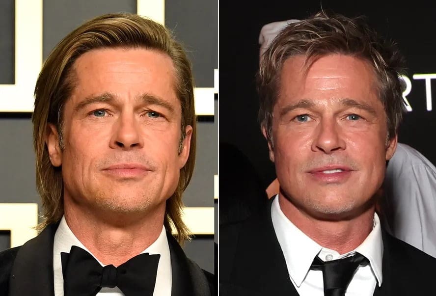 Brad Pitt em fevereiro de 2020 e em novembro de 2023 — Foto: Getty Images