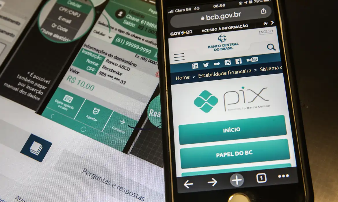 Smartphone acessando o site oficial do Banco Central com informações sobre o sistema Pix