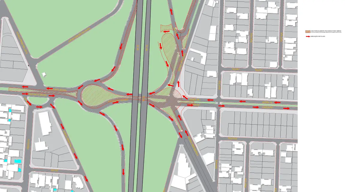 Mapa mostra os desvios e interdições no entorno do viaduto Ayrton Senna em Anápolis.