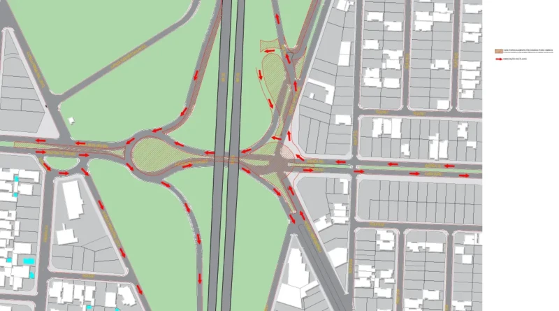 Mapa mostra os desvios e interdições no entorno do viaduto Ayrton Senna em Anápolis.