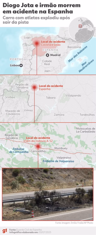 Mapa mostrando a província de Zamora, no nordeste da Espanha, onde ocorreu o acidente fatal envolvendo Diogo Jota.
