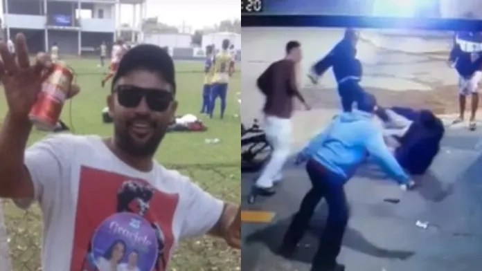 Homem sorridente segura uma lata de bebida em um campo esportivo, ao lado uma cena de briga registrada por câmeras de segurança.