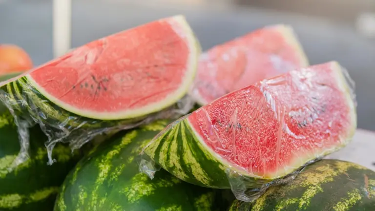 Fatias de melancia cobertas com plástico filme, colocadas sobre outras melancias inteiras em uma banca.