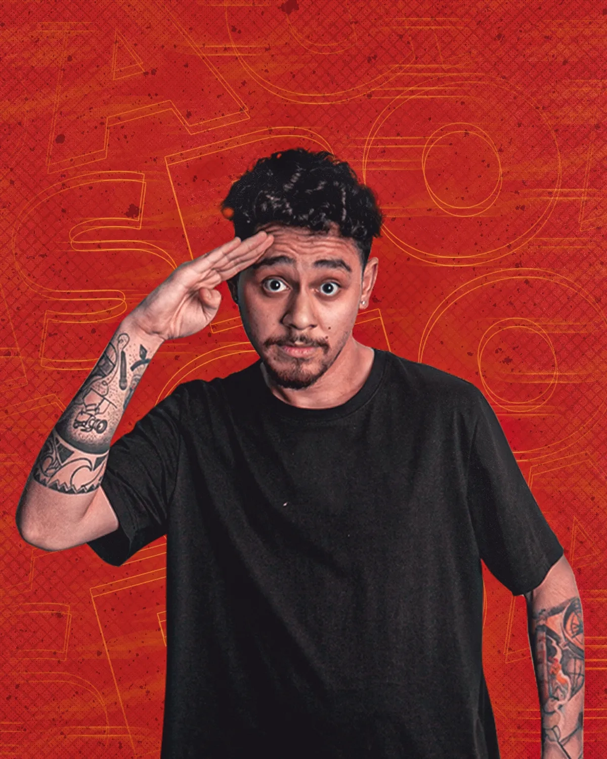 Comediante Gio Lisboa em diferentes momentos de apresentação e divulgação de seu trabalho no stand-up comedy.