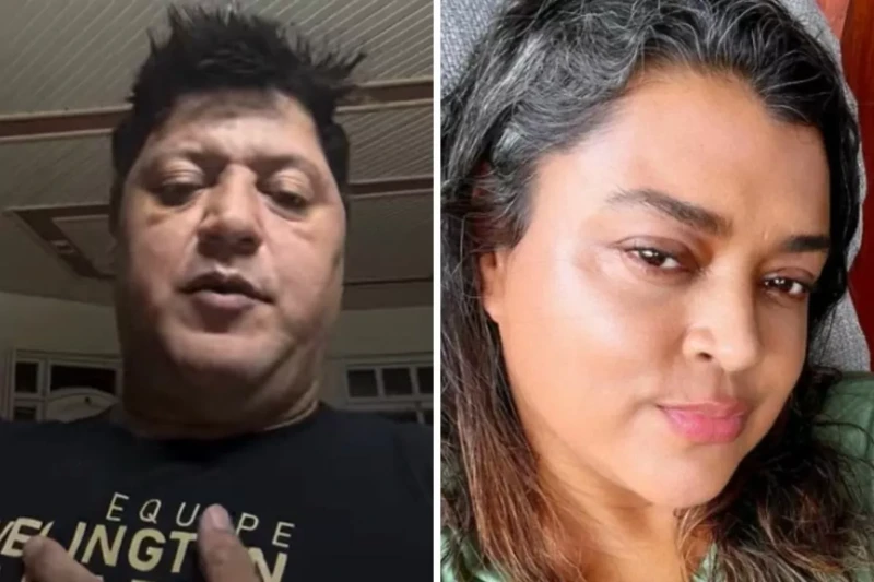 Welington Camargo de camiseta preta fala em vídeo; Preta Gil em selfie de rosto sério e natural