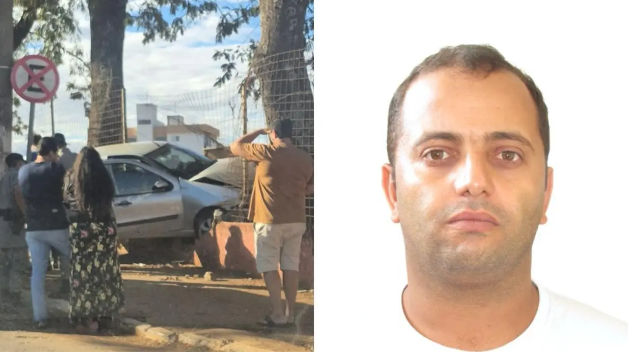 Foto de um homem de expressão séria, com fundo branco, usada para identificação e do lado esquerdo Carro prata colidido contra uma árvore em via pública, com populares observando a cena.