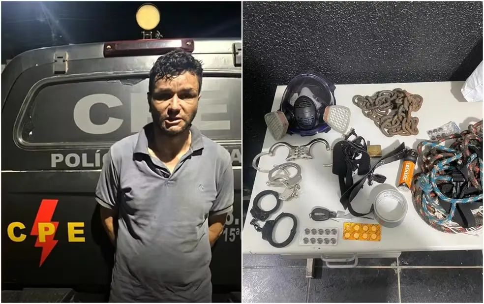 Suspeito preso pela polícia ao lado de objetos apreendidos durante investigação do sequestro de Emiliane Tamara.