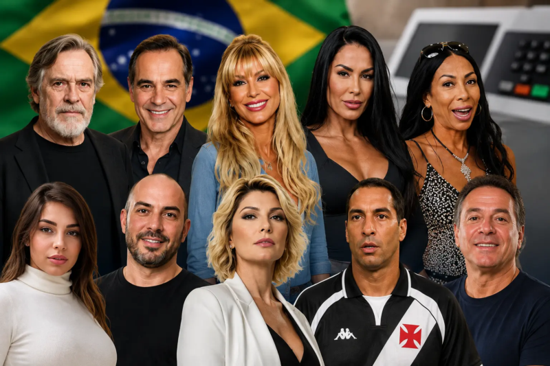 Montagem com famosos que devem disputar as eleições de 2026, com a bandeira do Brasil e uma urna eletrônica ao fundo.