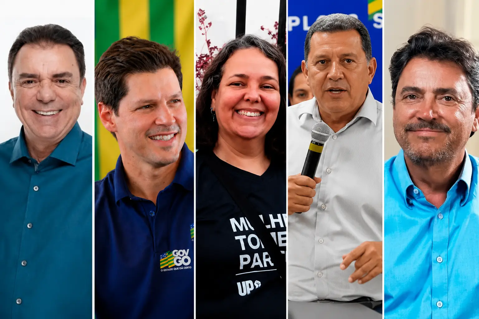 Montagem com os cinco candidatos confirmados ao Governo de Goiás nas eleições de 2026: Daniel Vilela, Luciana Amorim, Luis Cesar Bueno, Marconi Perillo e Wilder Morais.