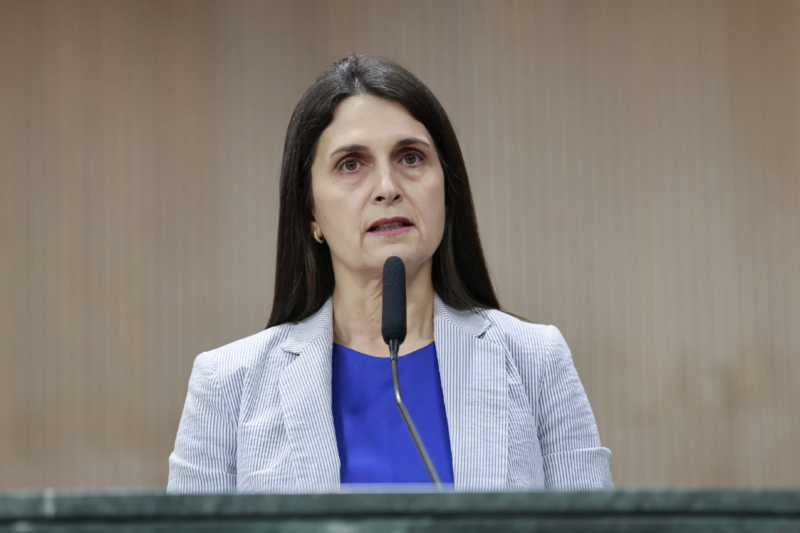 Deputada estadual Vivian Naves durante pronunciamento na Assembleia Legislativa de Goiás.