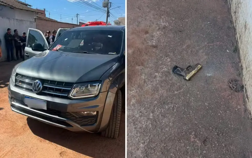 Caminhonete atingida por disparos e arma encontrada após chacina em Formosa, Goiás.