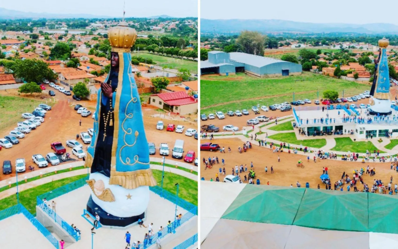 Imagem aérea mostra monumento de Nossa Senhora Aparecida e área de visitação em Bom Jardim de Goiás.