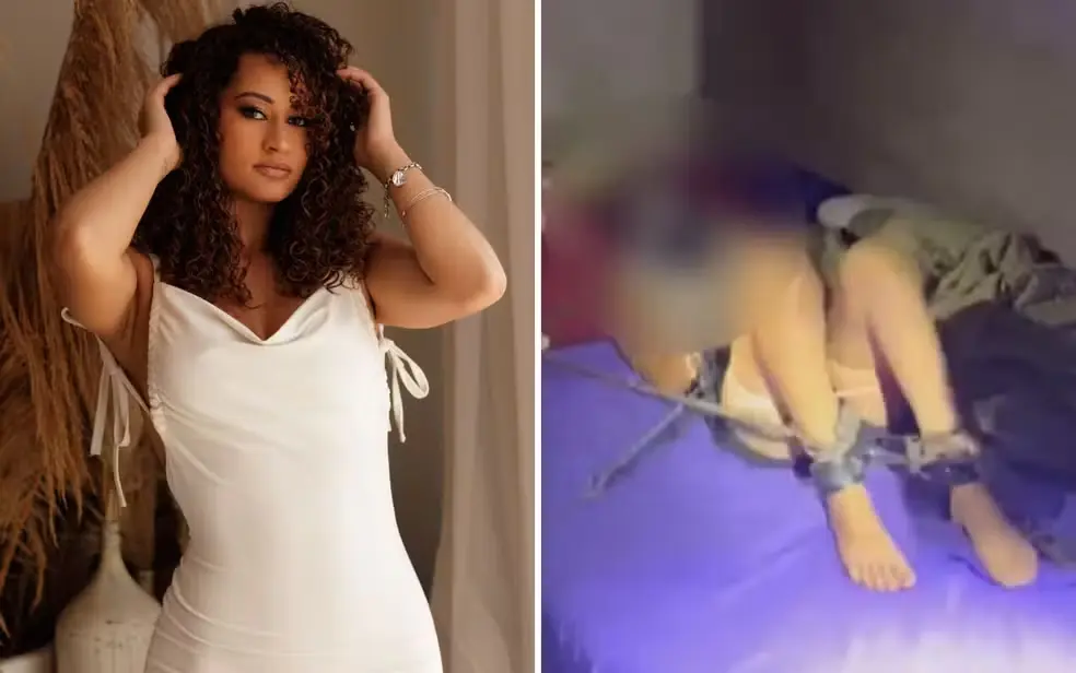 Emiliane Tamara ao lado de imagem registrada durante o resgate em cativeiro, em Águas Lindas de Goiás.