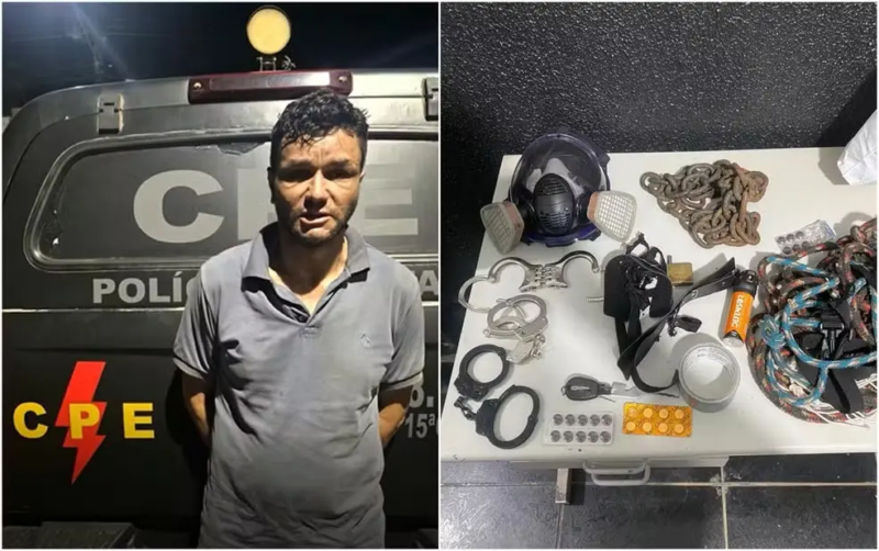 Suspeito preso pela polícia ao lado de objetos apreendidos durante investigação do sequestro de Emiliane Tamara.