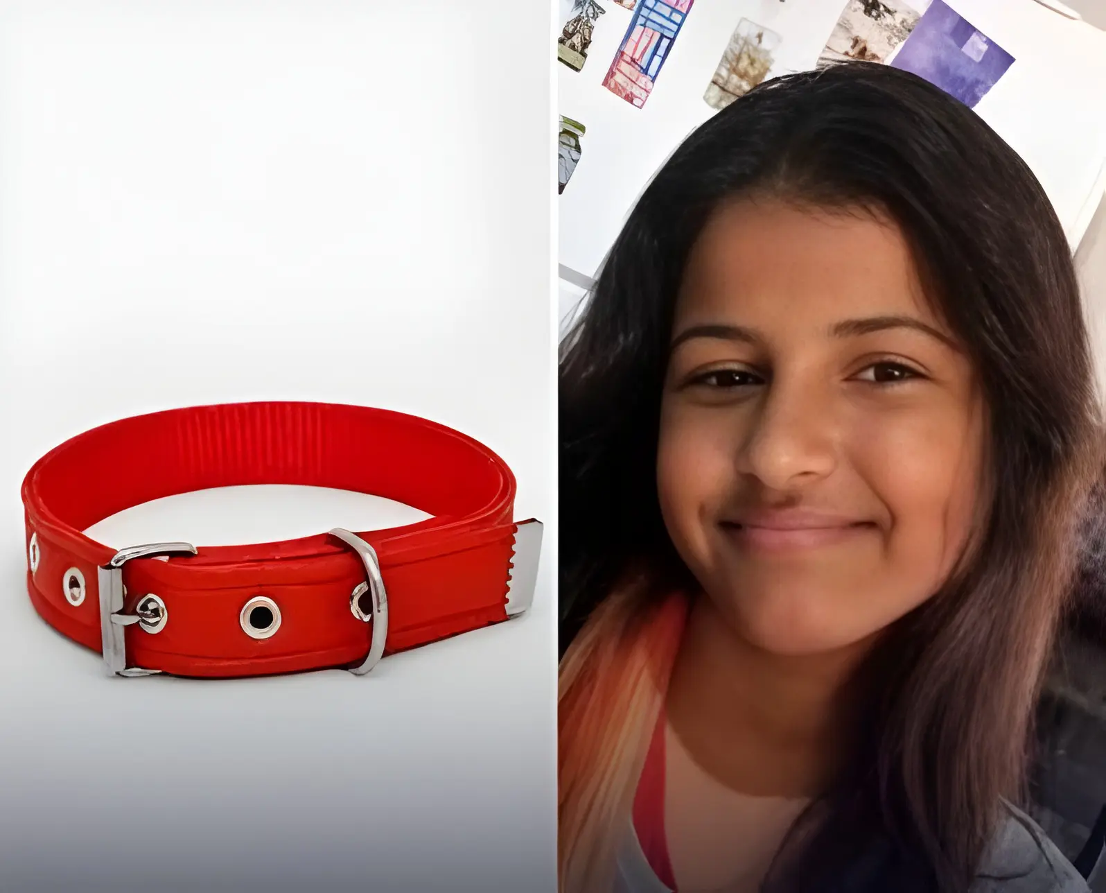 Samyra Roberta Almeida, de 10 anos, ao lado de imagem ilustrativa de uma coleira vermelha.
