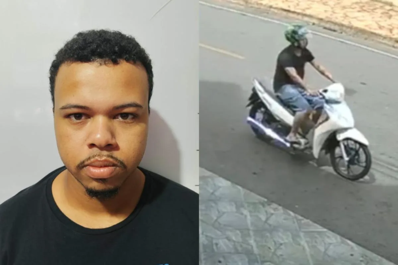 Montagem mostra o retrato de um homem à esquerda e uma pessoa de capacete conduzindo uma motocicleta branca à direita.