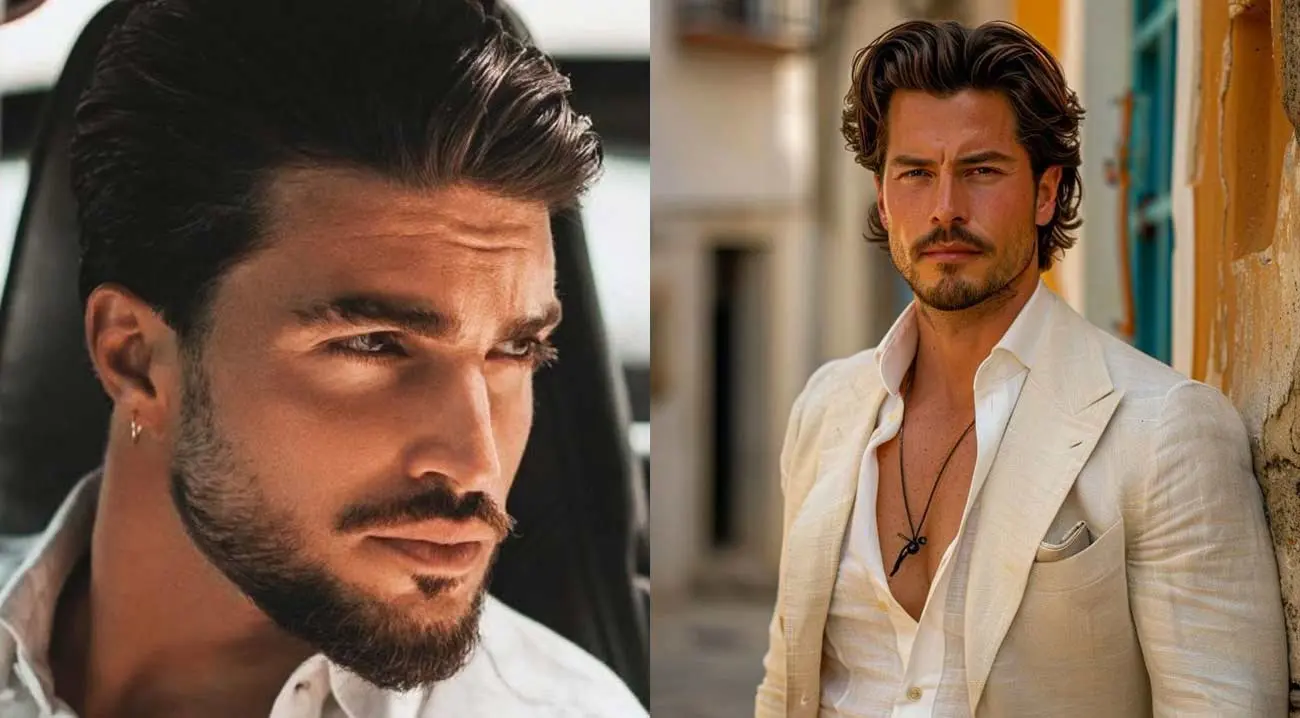 Montagem com dois homens de barba e cabelos escuros, usada para ilustrar lista sobre países associados à beleza masculina.