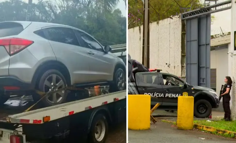 Carro que teria sido usado no sequestro de uma menina de 10 anos e entrada do Presídio Regional de Passo Fundo.