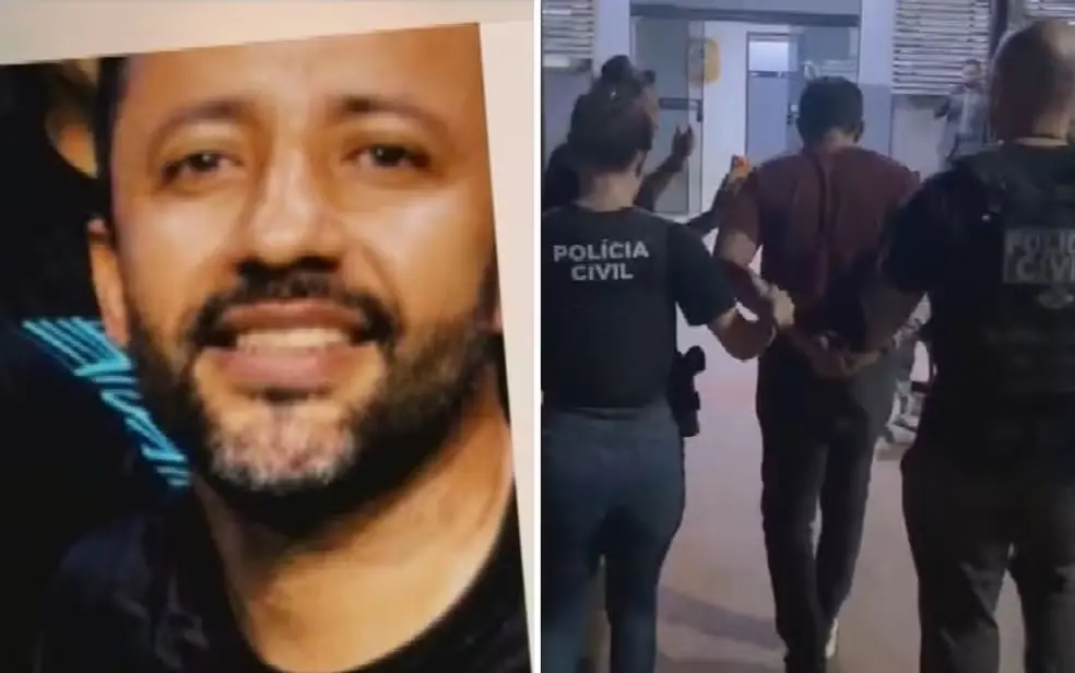 Montagem mostra homem investigado e momento em que suspeito é conduzido por policiais civis em Goiás.
