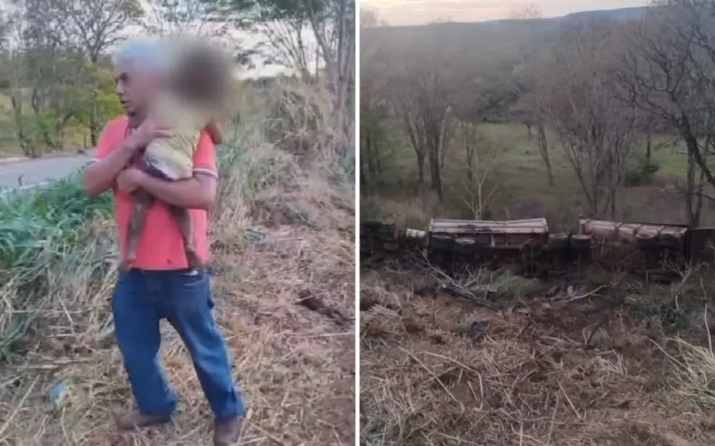 Criança de 2 anos é carregada no colo após acidente entre caminhão e carro na GO-210, em Buriti Alegre.
