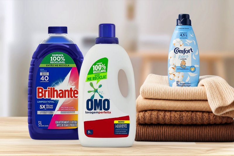 Produtos de limpeza das marcas Omo, Brilhante e Comfort, fabricados pela Unilever.