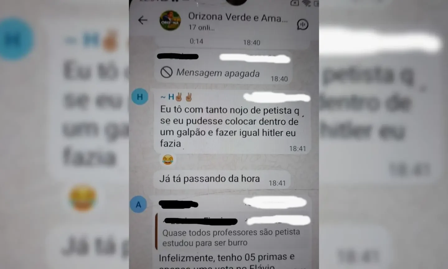 Captura de conversa em grupo de WhatsApp de Orizona mostra mensagem que cita Hitler ao defender violência contra petistas, com nomes e números ocultados.