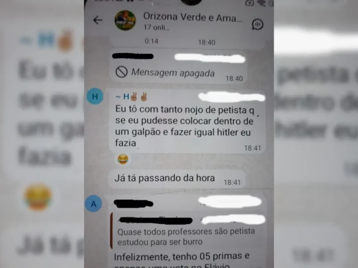 Captura de conversa em grupo de WhatsApp de Orizona mostra mensagem que cita Hitler ao defender violência contra petistas, com nomes e números ocultados.