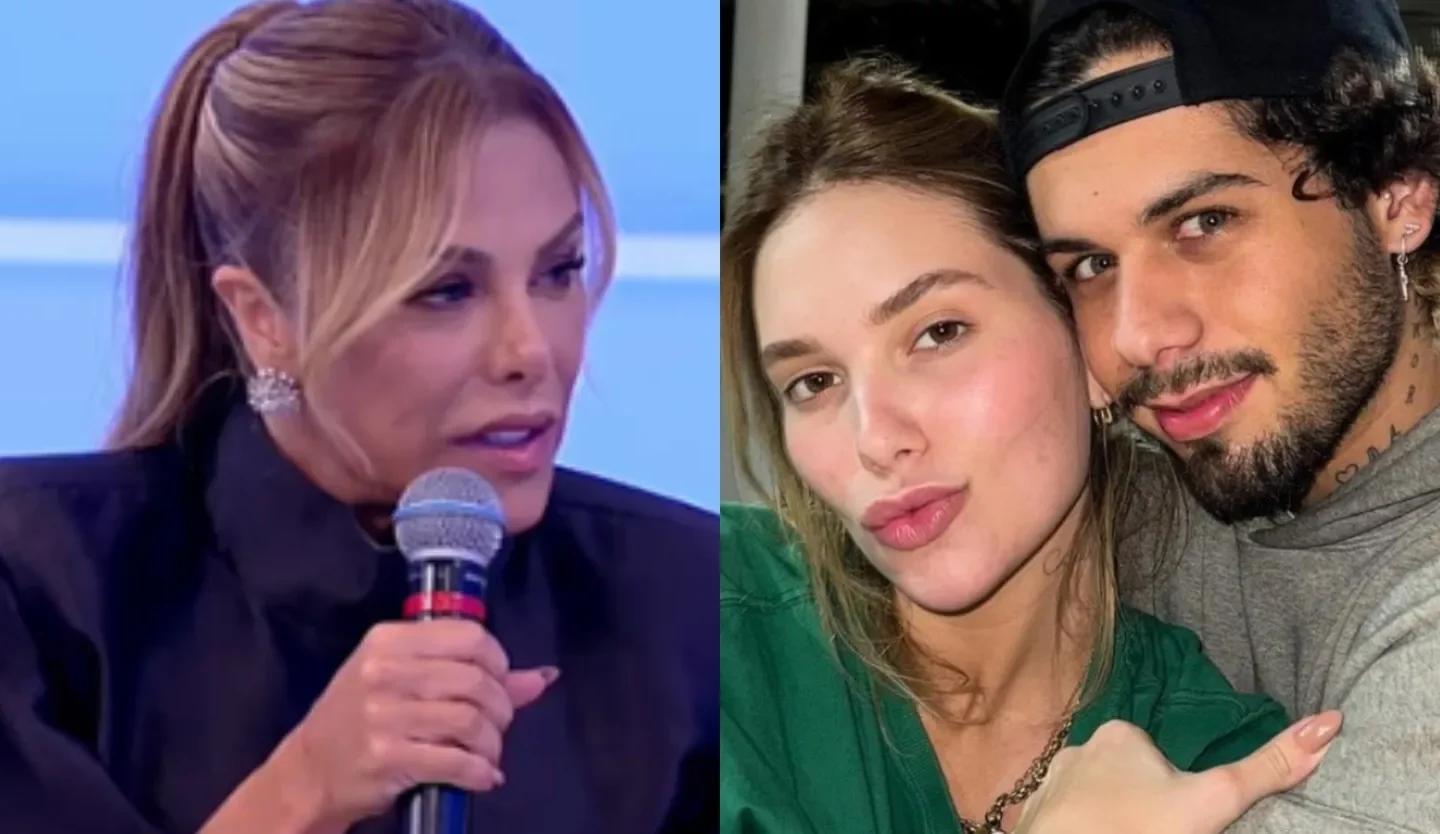 Montagem com Poliana Rocha segurando um microfone à esquerda e Virginia Fonseca ao lado de Zé Felipe à direita.
