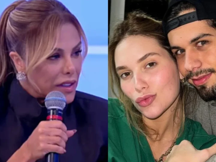 Montagem com Poliana Rocha segurando um microfone à esquerda e Virginia Fonseca ao lado de Zé Felipe à direita.