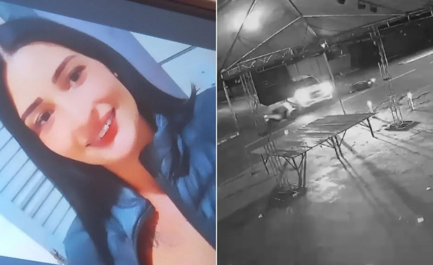 Montagem com foto de Ana Carolina à esquerda e imagem de câmera de segurança do acidente em Paraúna à direita.