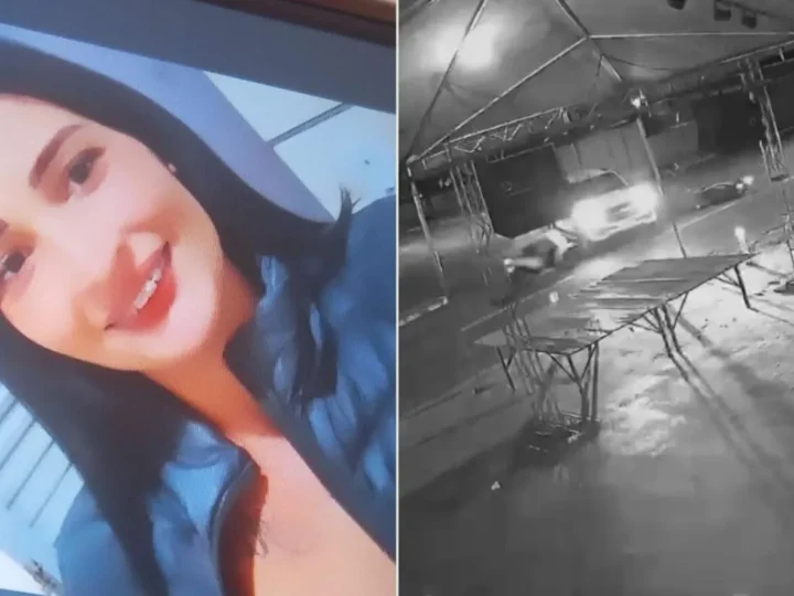 Montagem com foto de Ana Carolina à esquerda e imagem de câmera de segurança do acidente em Paraúna à direita.