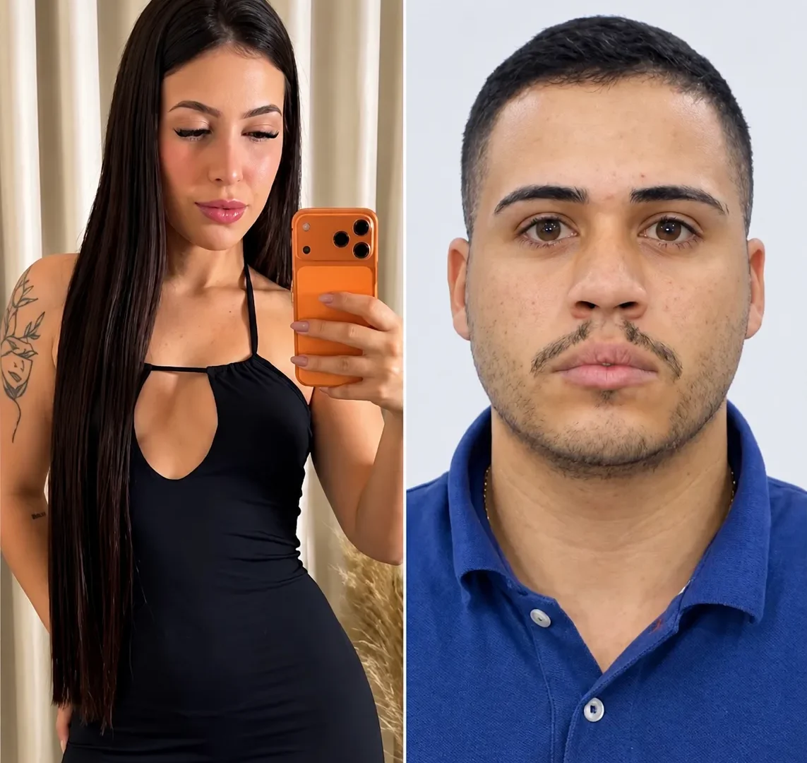 Montagem com uma mulher de vestido preto fotografando-se no espelho e um homem de camisa polo azul em retrato frontal.