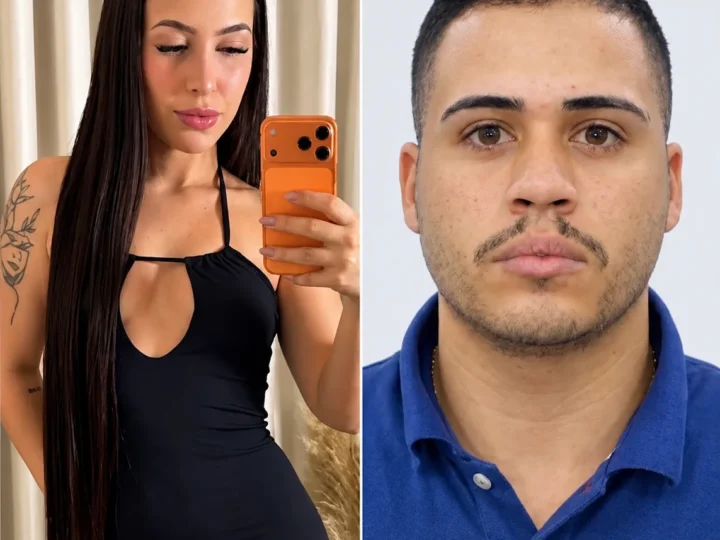 Montagem com uma mulher de vestido preto fotografando-se no espelho e um homem de camisa polo azul em retrato frontal.