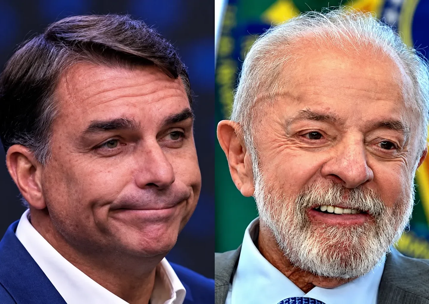 Montagem com retratos de Flávio Bolsonaro à esquerda e Lula à direita.