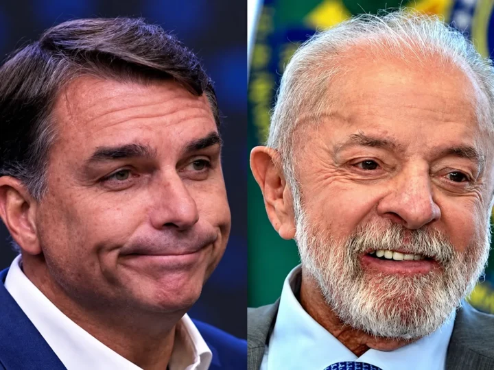 Montagem com retratos de Flávio Bolsonaro à esquerda e Lula à direita.