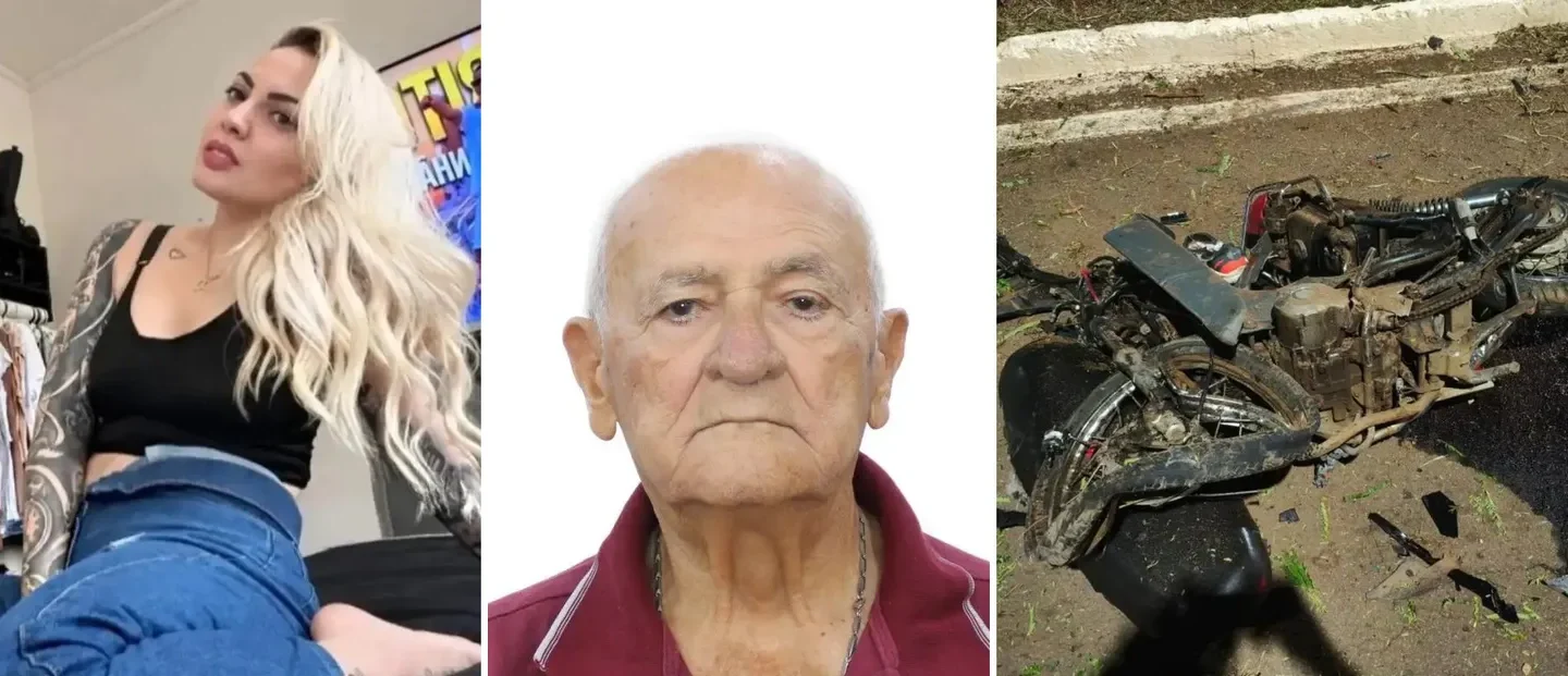 Montagem com a foto de uma mulher à esquerda, o retrato de um idoso ao centro e uma motocicleta danificada à direita.