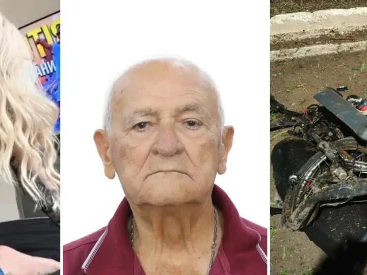 Montagem com a foto de uma mulher à esquerda, o retrato de um idoso ao centro e uma motocicleta danificada à direita.