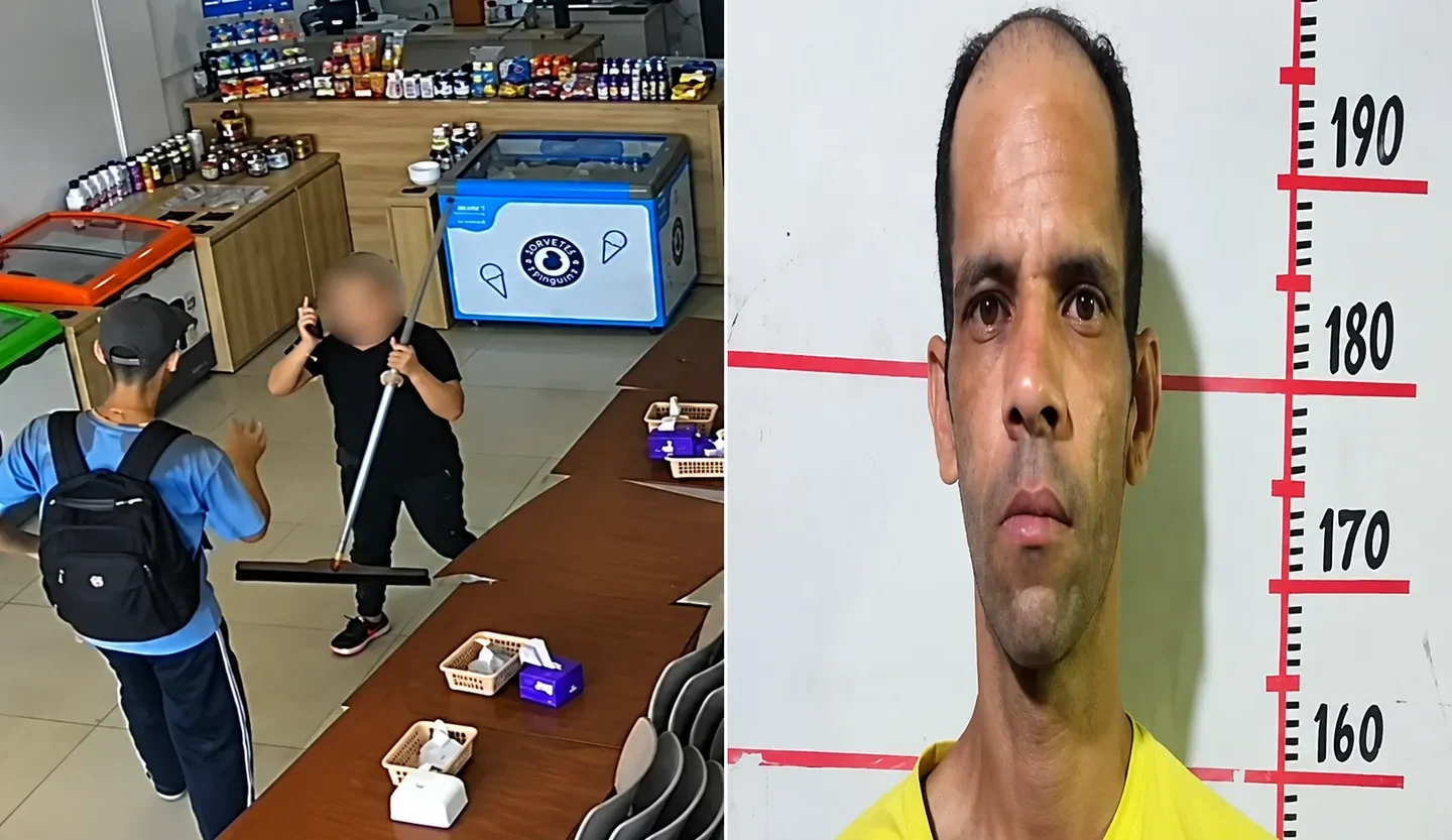 Montagem com imagem de câmera de segurança de uma sorveteria à esquerda e retrato de um homem diante de uma escala de altura à direita.