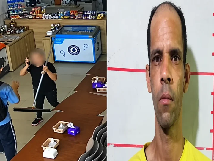 Montagem com imagem de câmera de segurança de uma sorveteria à esquerda e retrato de um homem diante de uma escala de altura à direita.
