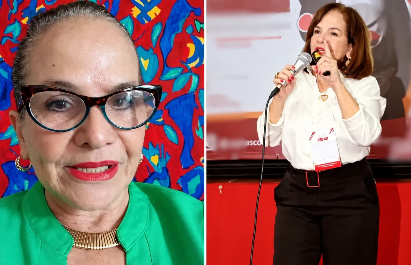 Montagem com uma mulher de óculos e roupa verde à esquerda e outra mulher falando ao microfone em um palco à direita