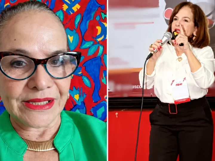 Montagem com uma mulher de óculos e roupa verde à esquerda e outra mulher falando ao microfone em um palco à direita