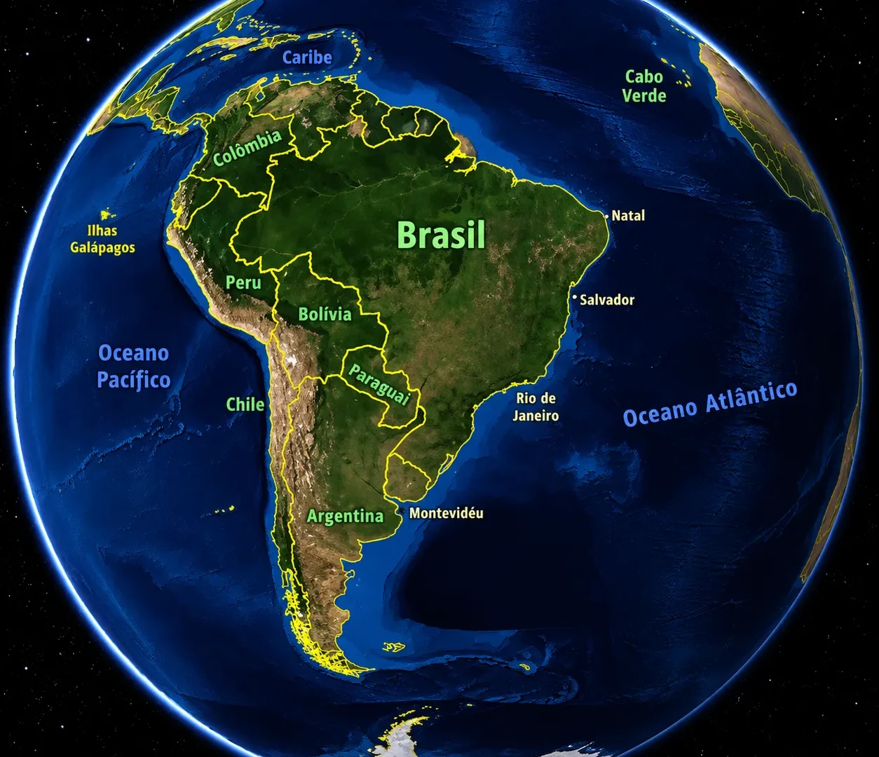 Globo terrestre com a América do Sul em destaque e fronteiras dos países marcadas em amarelo.