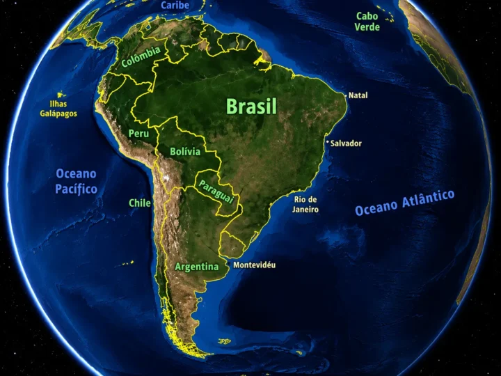 Globo terrestre com a América do Sul em destaque e fronteiras dos países marcadas em amarelo.