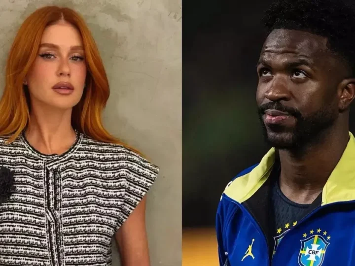 Montagem com Marina Ruy Barbosa à esquerda, usando roupa preta e branca, e Vini Jr. à direita, com jaqueta azul da seleção brasileira