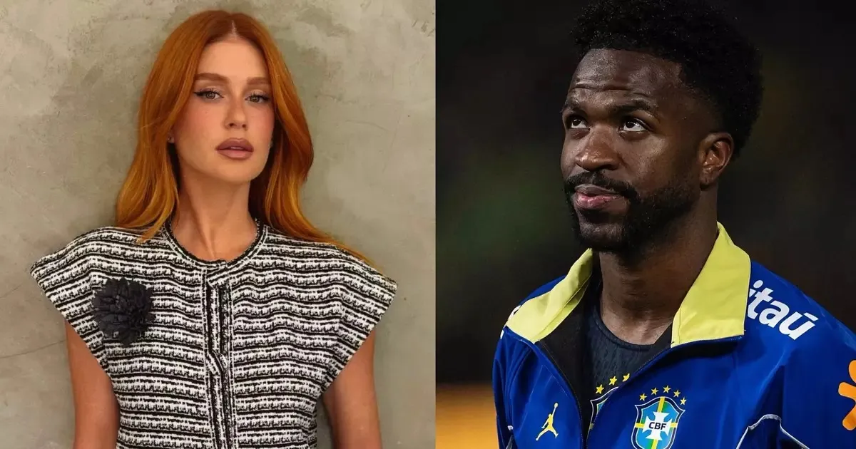 Montagem com Marina Ruy Barbosa à esquerda, usando roupa preta e branca, e Vini Jr. à direita, com jaqueta azul da seleção brasileira