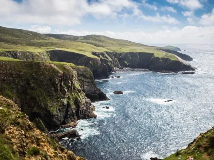 Falésias rochosas cobertas por vegetação verde junto ao mar, sob céu parcialmente nublado.