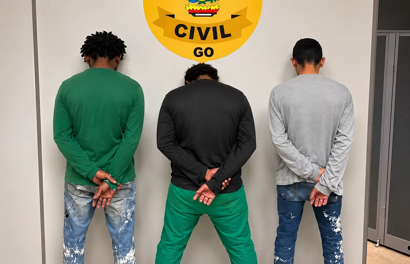 Três homens de costas, com as mãos atrás do corpo, diante do símbolo da Polícia Civil de Goiás.