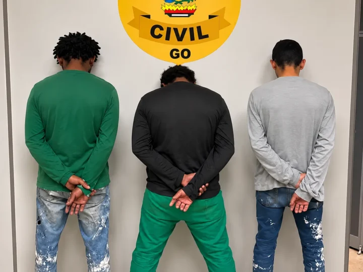 Três homens de costas, com as mãos atrás do corpo, diante do símbolo da Polícia Civil de Goiás.