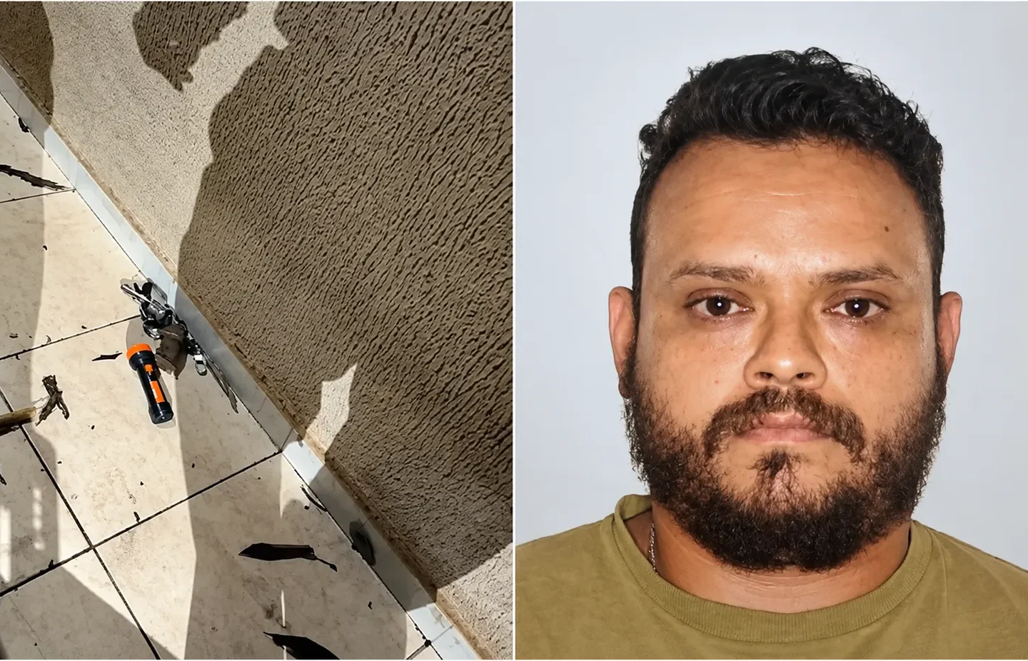 Montagem mostra uma arma e uma lanterna no chão, à esquerda, e o retrato de um homem de barba e camiseta verde, à direita.