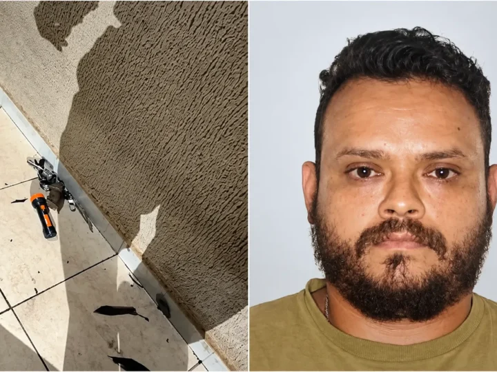 Montagem mostra uma arma e uma lanterna no chão, à esquerda, e o retrato de um homem de barba e camiseta verde, à direita.